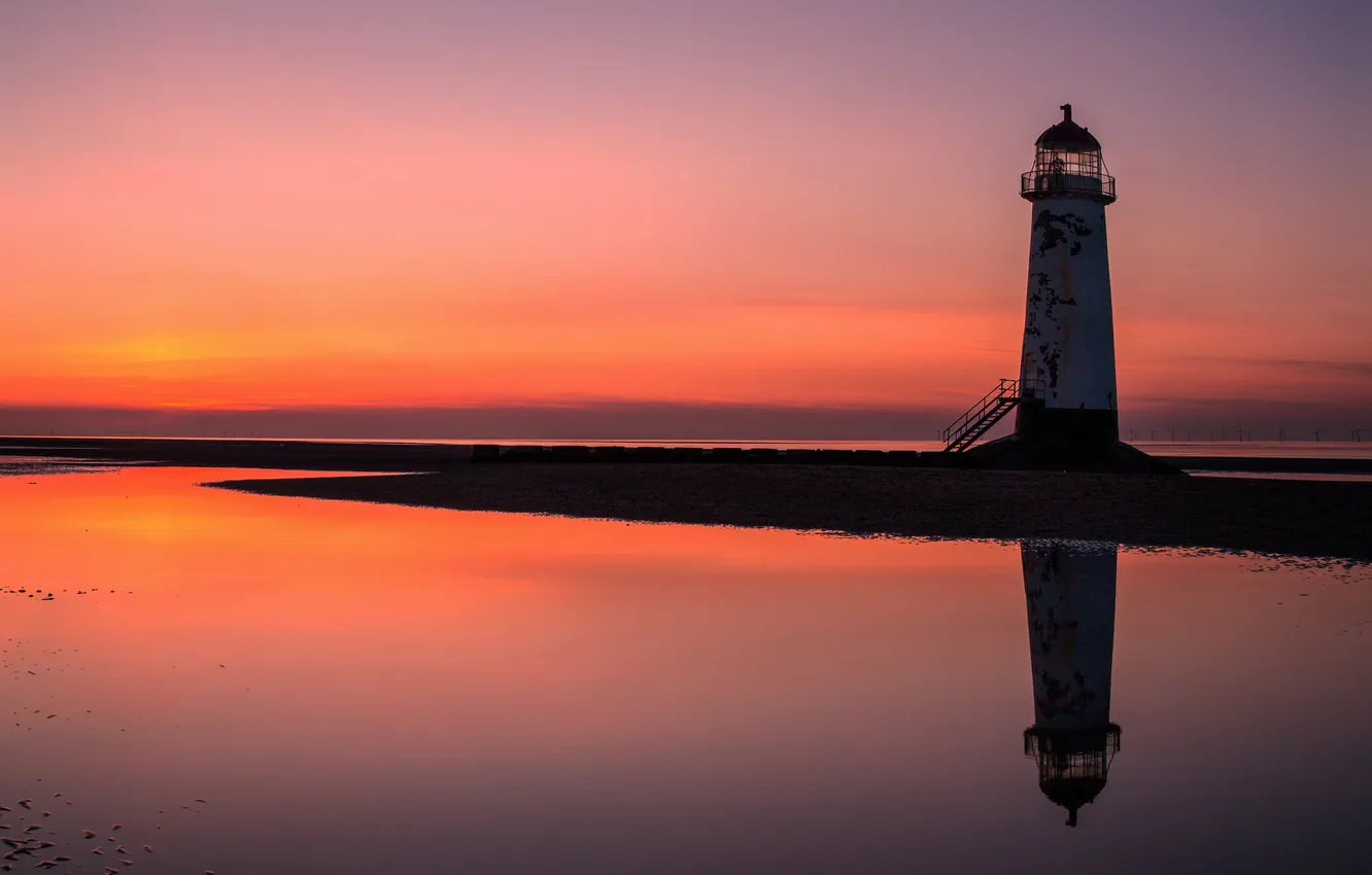 Photo wallpaper sea, the sky, clouds, sunset, reflection, lighthouse