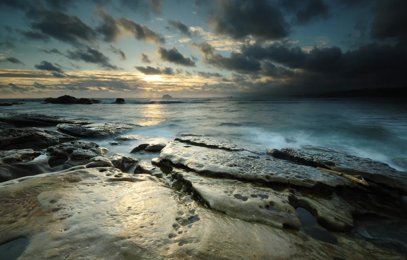 Photo wallpaper sea, the sky, the sun, landscape, sunset, stones, background, Wallpaper