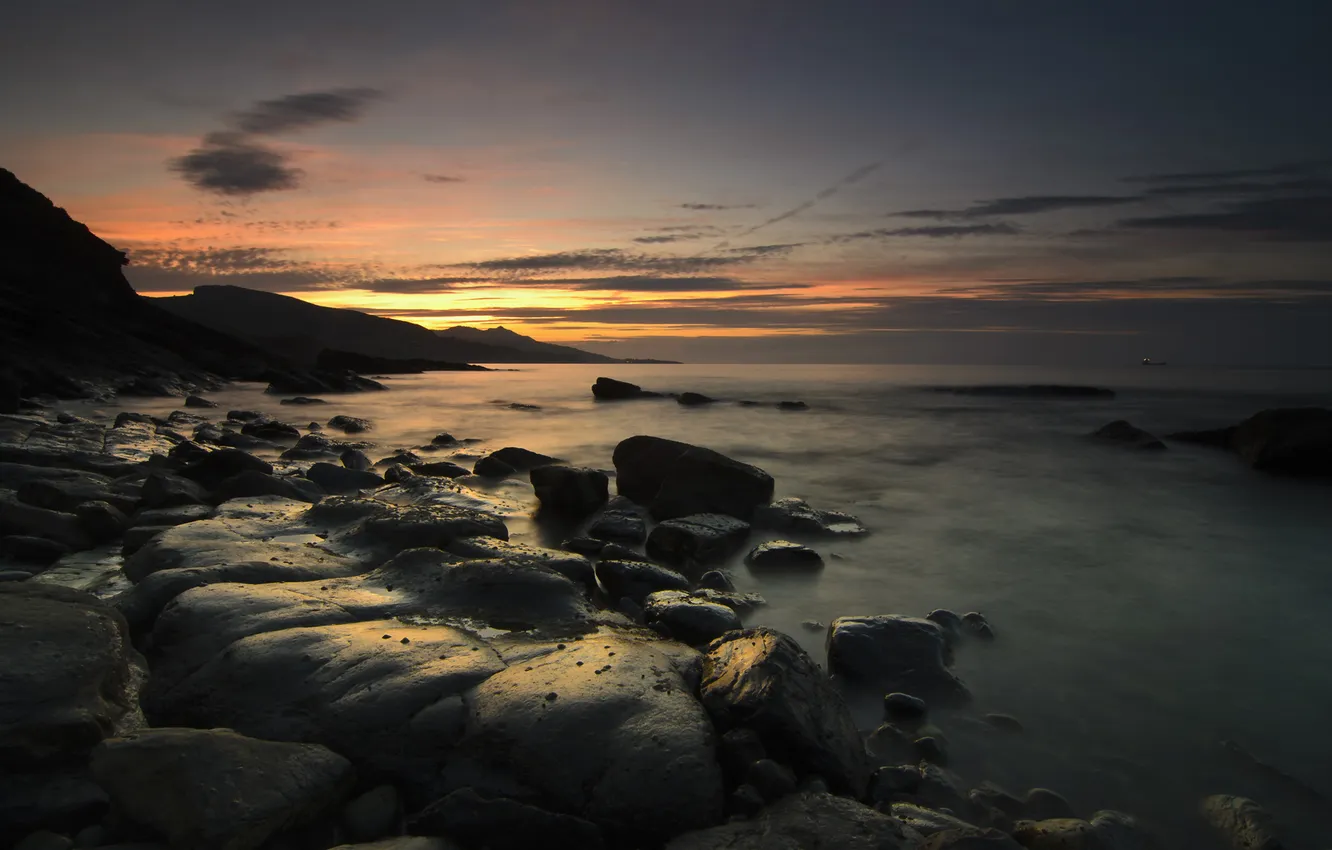 Photo wallpaper sea, the sky, sunset, stones, rocks, the evening, Spain
