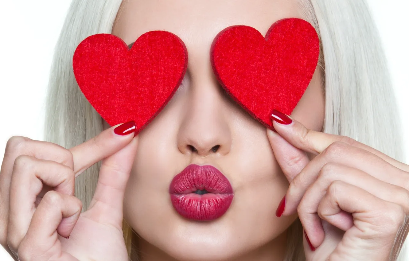 Photo wallpaper girl, kiss, hands, makeup, lipstick, hairstyle, blonde, hearts