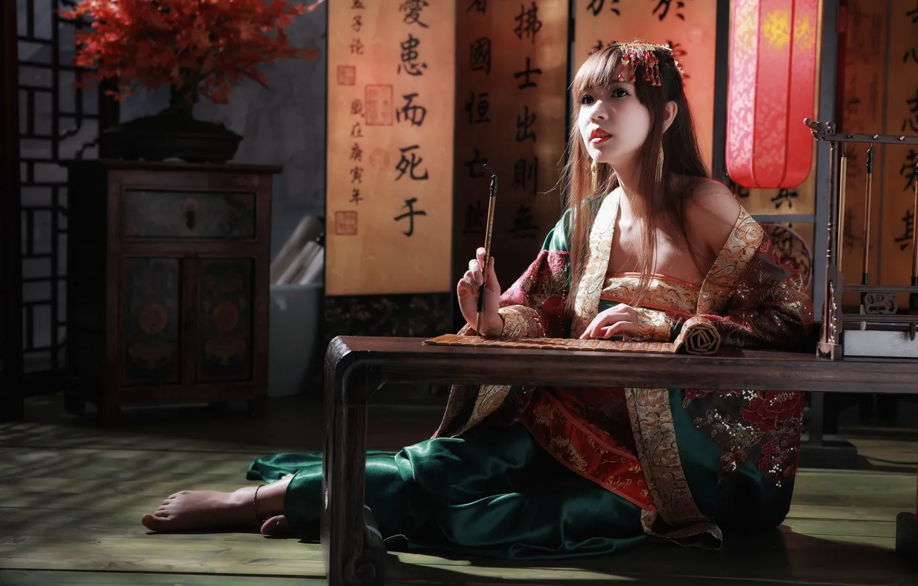 Photo wallpaper girl, bonsai, feathers, lights, outfit, Asian, table, plate