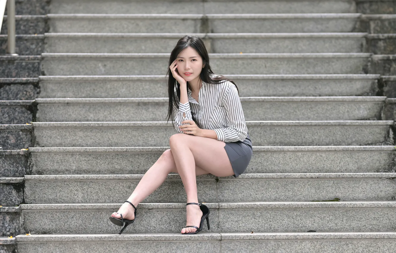 Photo wallpaper girl, skirt, blouse, steps, legs, Asian