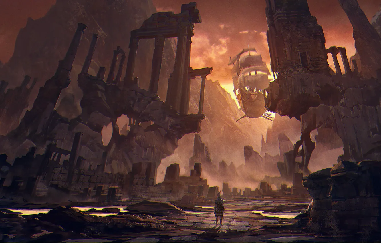 Photo wallpaper fantasy, hero, ruins, floating in the air
