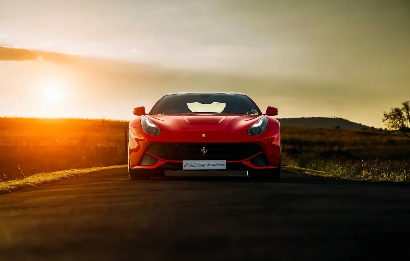 Photo wallpaper Ferrari, Red, Front, Sunset, Africa, South, Supercar, Berlinetta