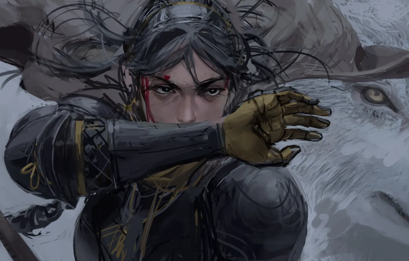 Photo wallpaper girl, blood, wolf, Guweiz