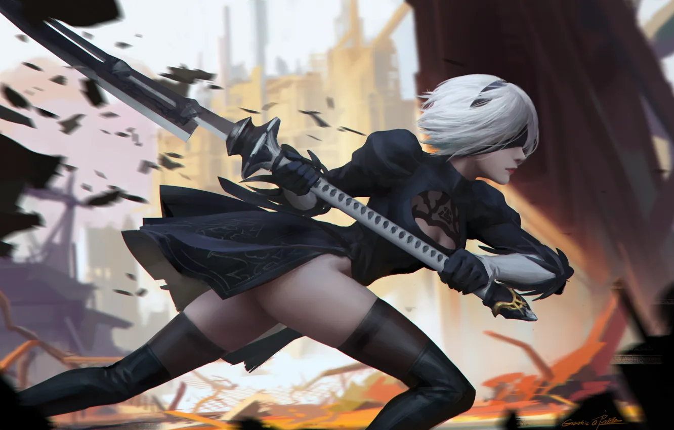 Photo wallpaper girl, weapons, stockings, anime, art, nier, yorha unit no. 2 type b, nier: automata