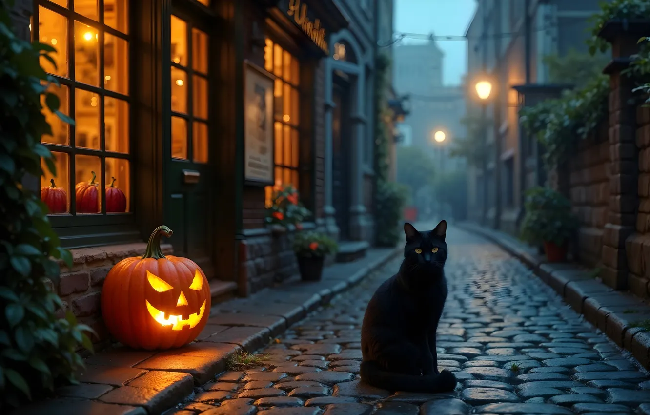 Photo wallpaper road, cat, cat, look, the city, lights, pose, fog