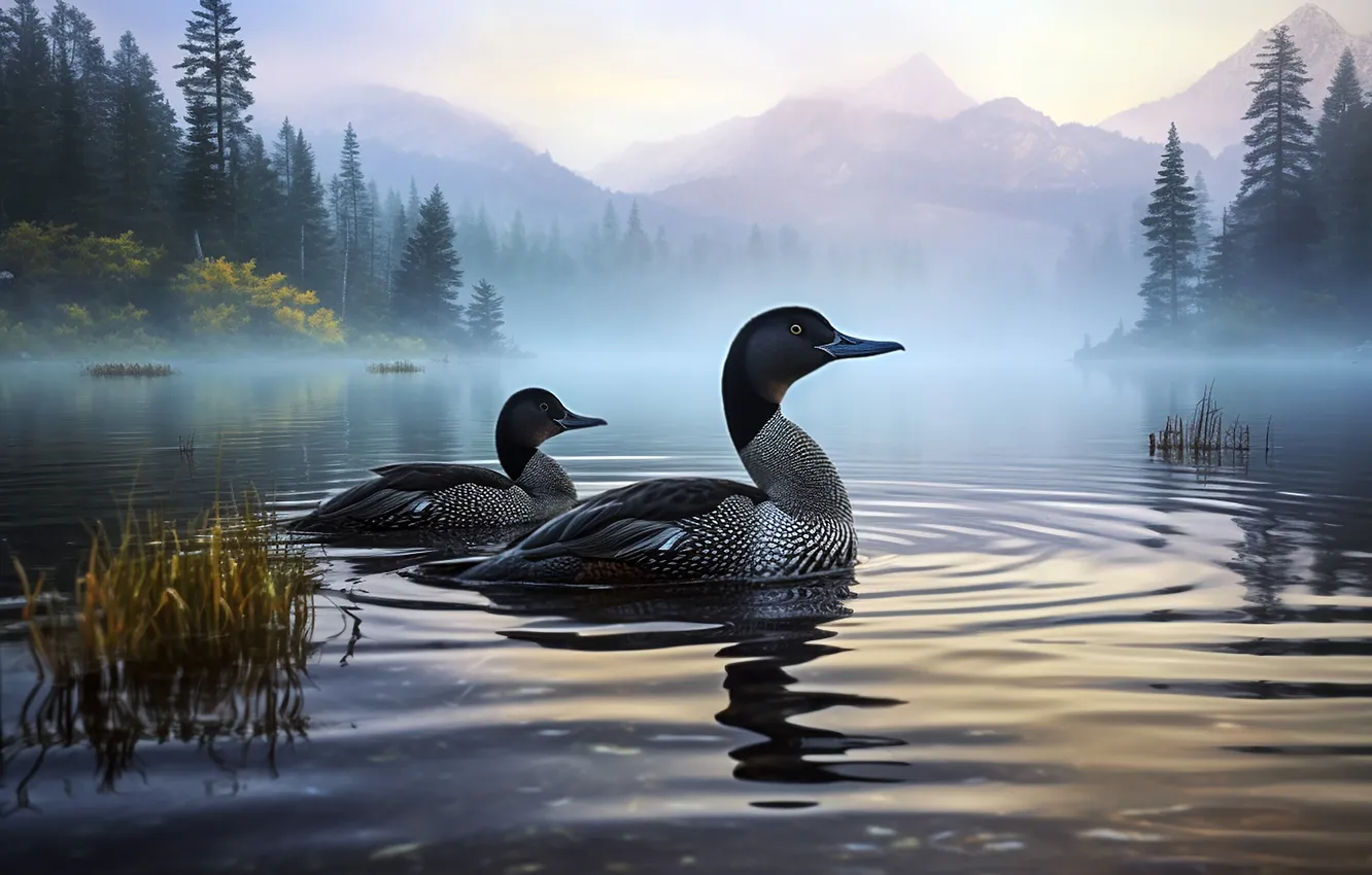 Photo wallpaper forest, mountains, fog, lake, bird, duck, pond, swimming
