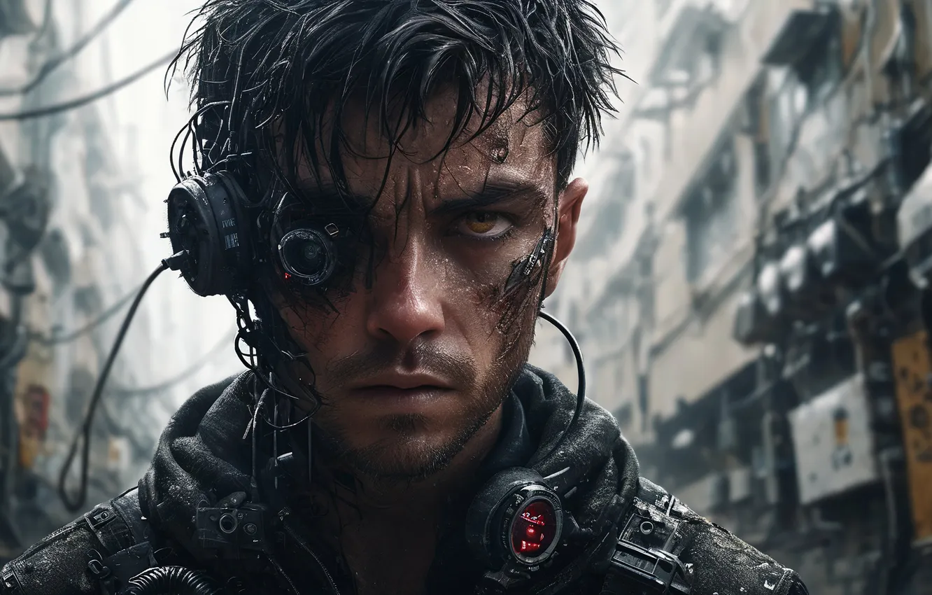 Photo wallpaper look, the city, guy, cyborg