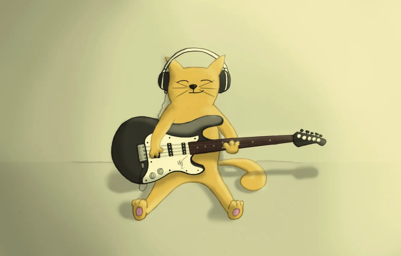 Photo wallpaper cat, guitar, headphones, plays, grin