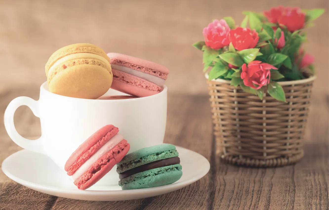 Photo wallpaper coffee, colorful, cookies, dessert, flowers, cup, sweet, coffee