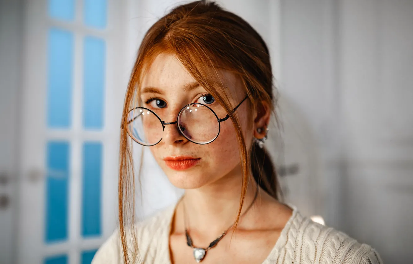 Photo wallpaper Girl, Look, Glasses, Girl, Eyes, Red, Eyes, Redhead