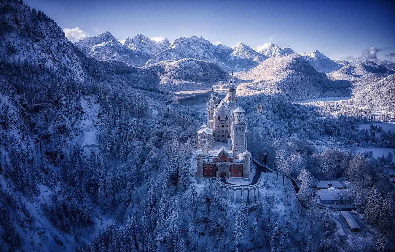 Photo wallpaper winter, forest, mountains, castle, Germany, Bayern, Germany, Bavaria
