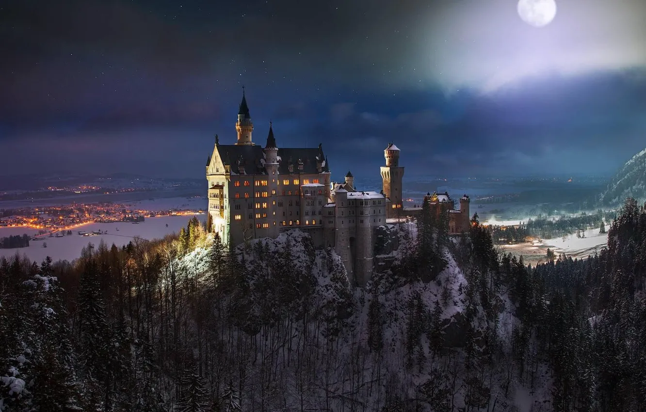 Photo wallpaper Neuschwanstein, German, moon, sky, trees, landscape, nature, Germany