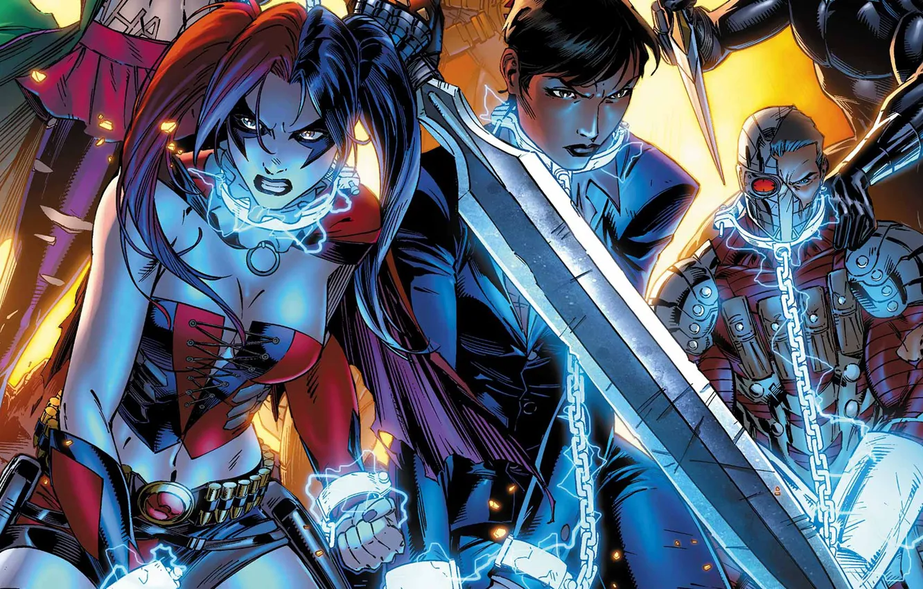 Photo wallpaper sword, fantasy, artwork, Comics, DC Comics, chains, Deadshot, Harley Quinn