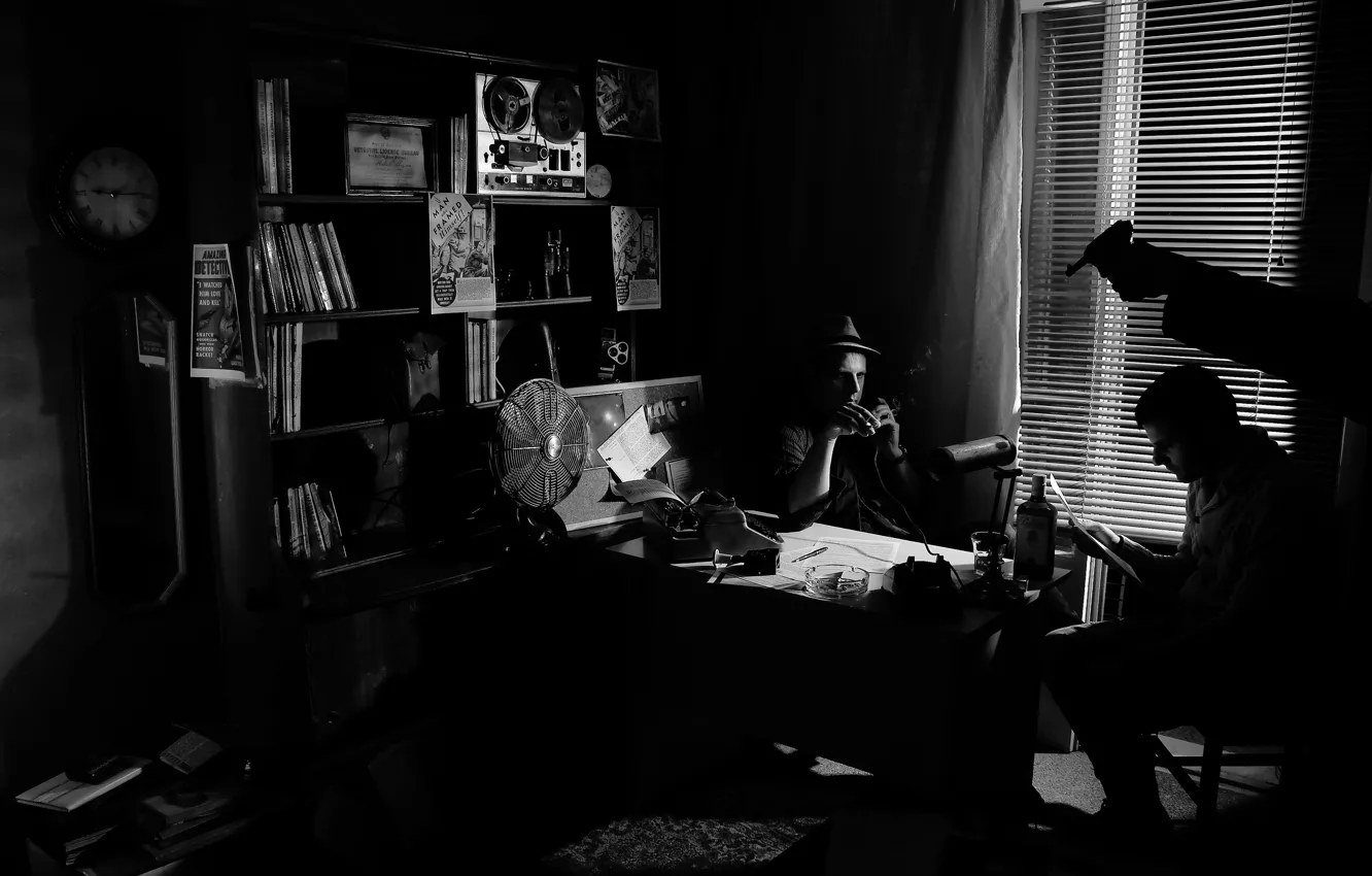 Photo wallpaper gun, smoke, fan, lighting, cigarette, black and white, typewriter, wardrobe