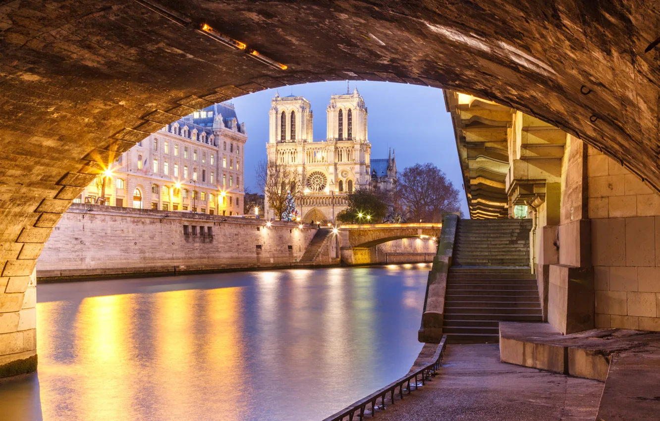 Photo wallpaper bridge, river, France, Paris, hay, Cathedral, Notre Dame de Paris