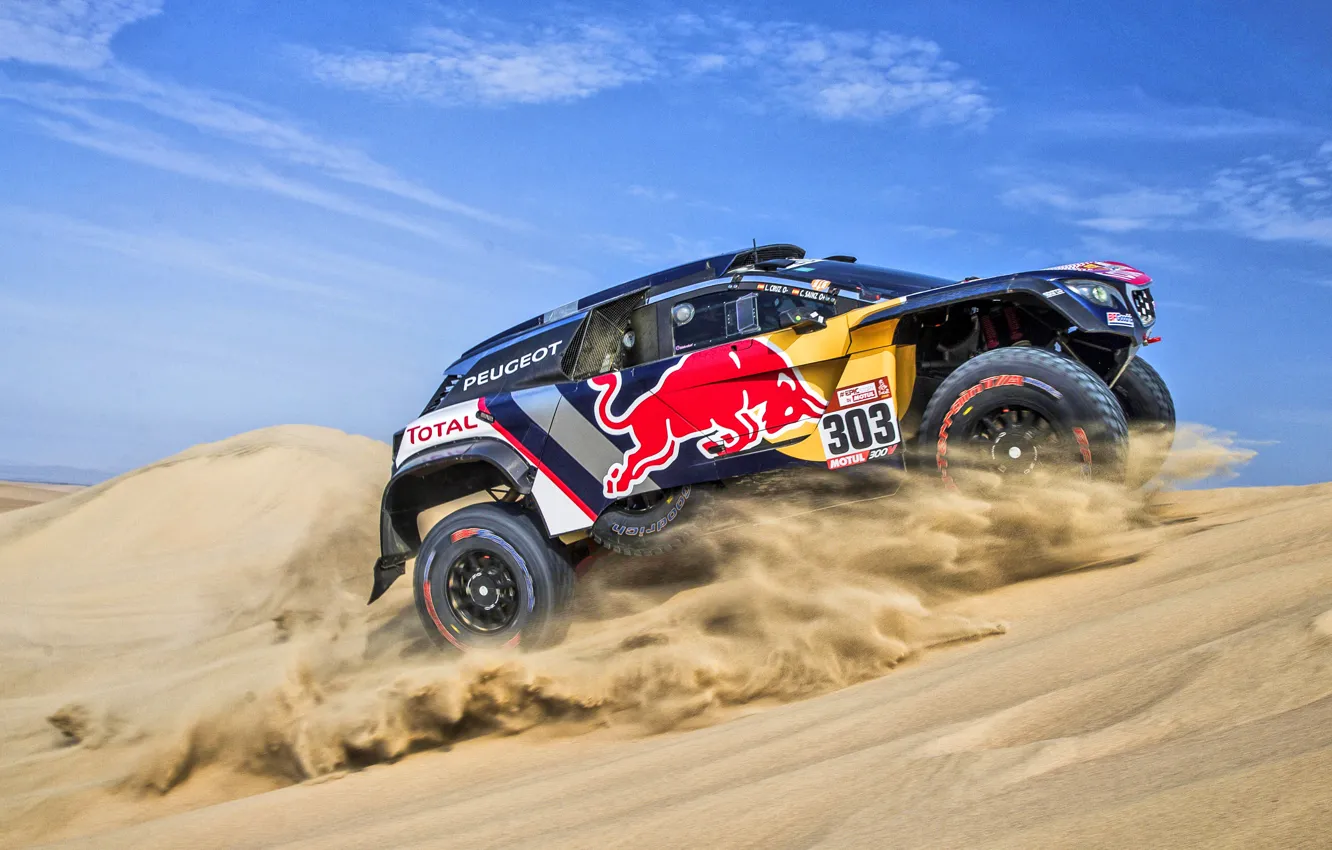 Photo wallpaper Sand, Sport, Machine, Speed, Race, Peugeot, Red Bull, Rally
