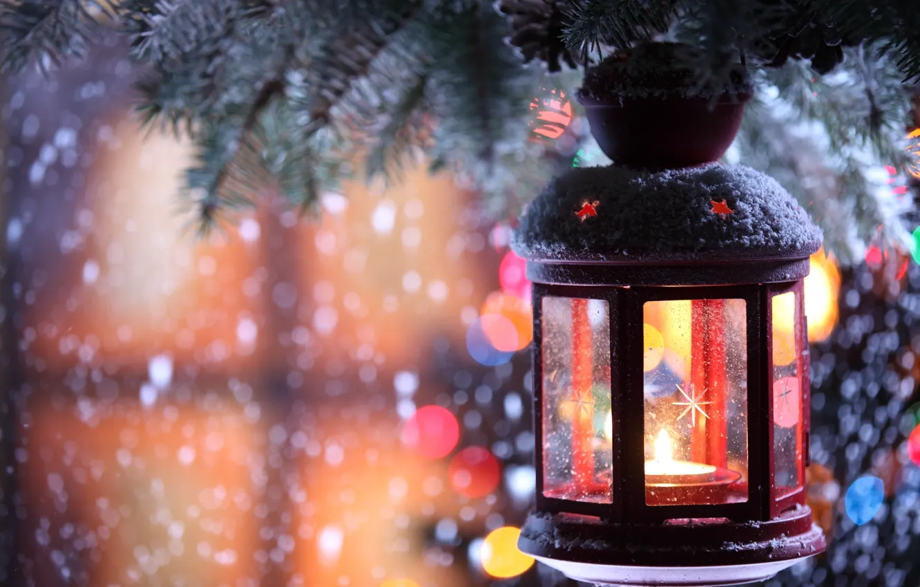 Photo wallpaper winter, snow, snowflakes, tree, candle, branch, flashlight, candle holder