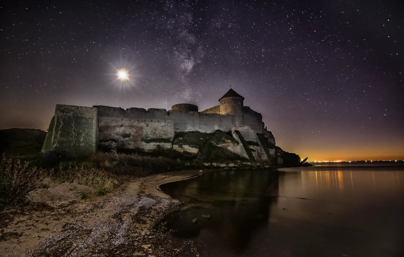 Photo wallpaper stars, night, the moon, Ukraine, Dniester estuary, Belgorod-Dnestrovskiy fortress, Ackerman