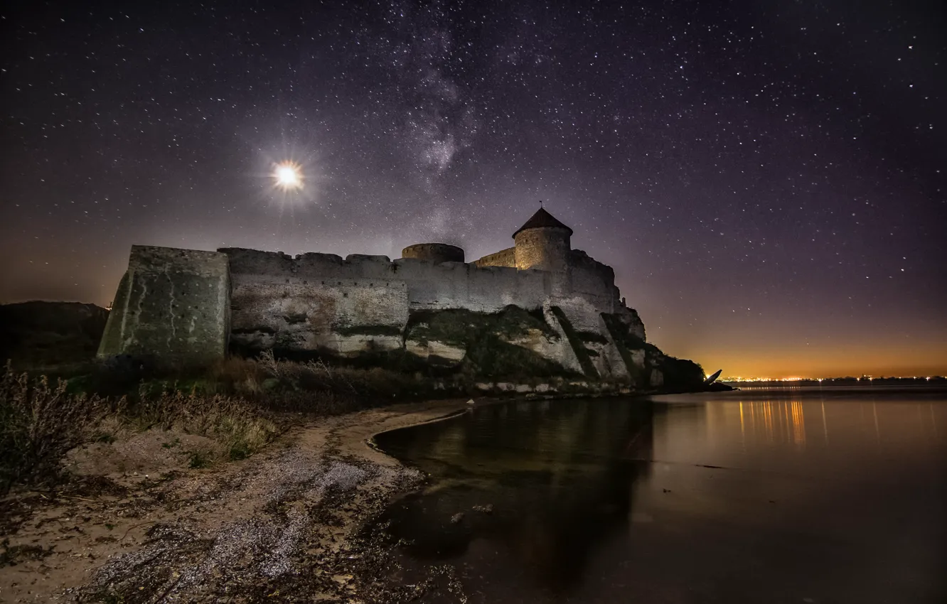 Photo wallpaper night, the moon, stars, Ukraine, Ackerman, Dniester estuary, Belgorod-Dnestrovskiy fortress