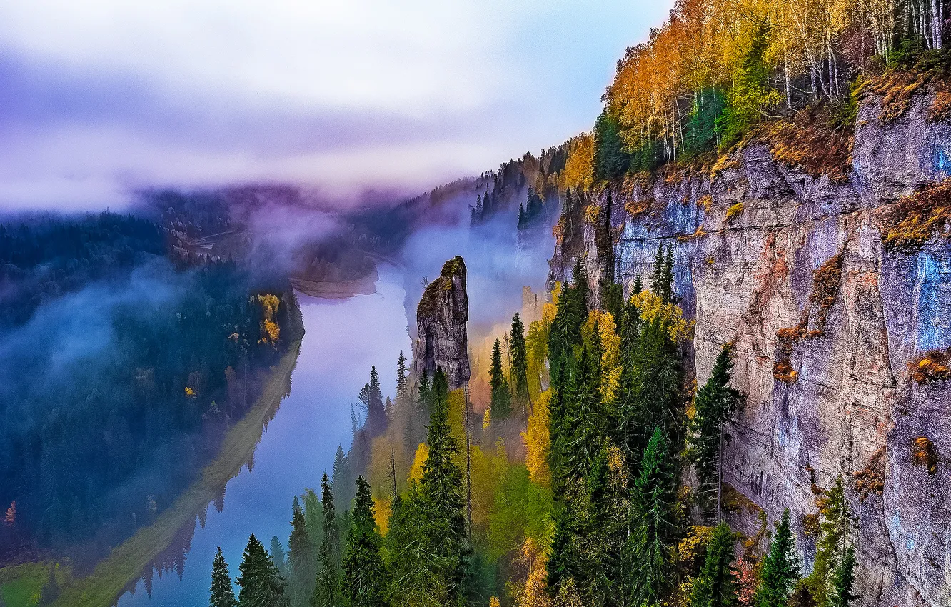 Photo wallpaper trees, fog, river, rocks, beauty, space, haze, September