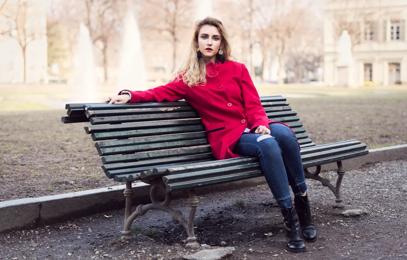 Photo wallpaper autumn, bench, face, hair, brunette, coat, siren