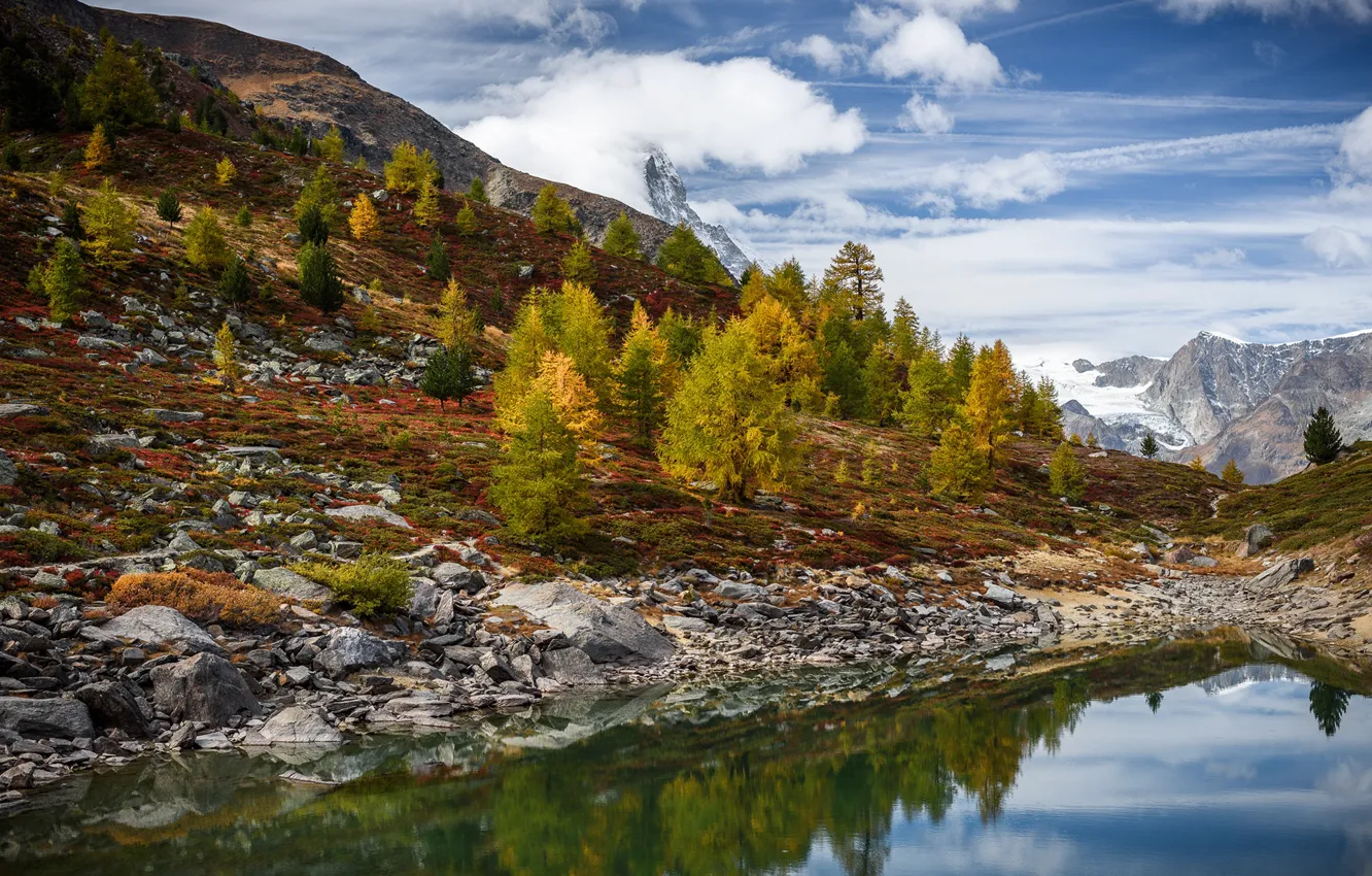 Photo wallpaper pond, reflection, mountains, Zermatt, stones