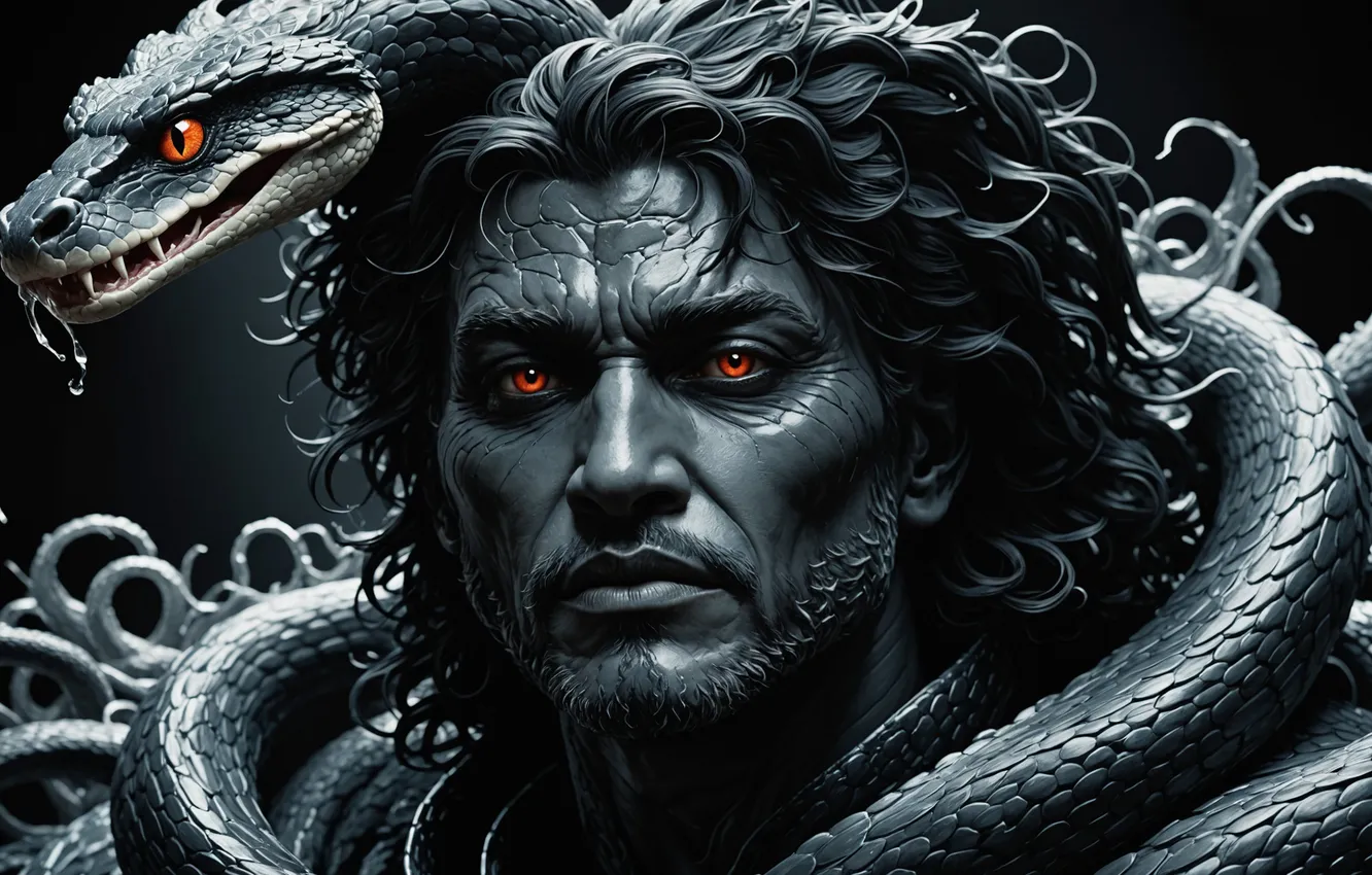 Photo wallpaper face, snake, male