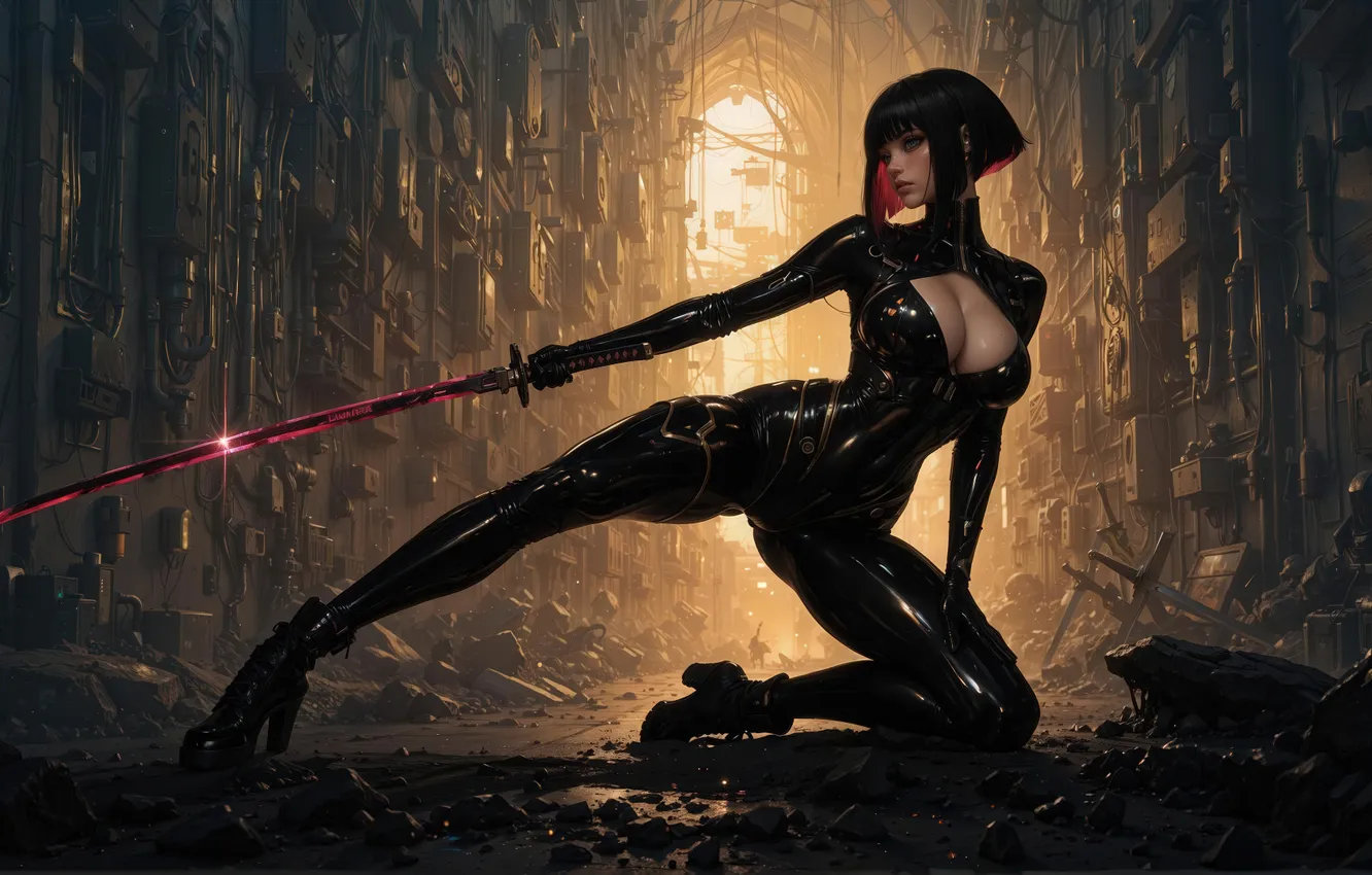 Photo wallpaper light, pose, magic, sword, brunette, latex, bust, digital art