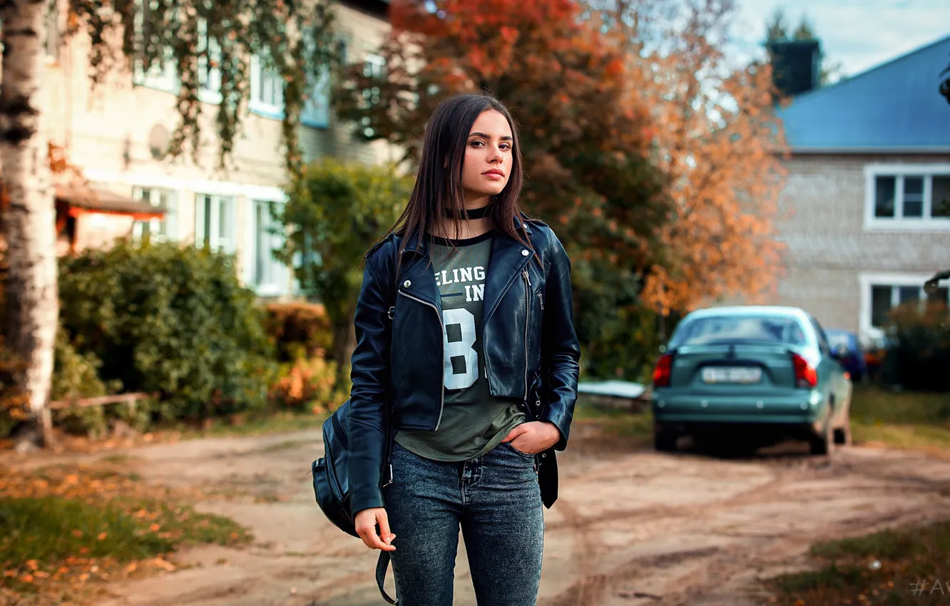 Photo wallpaper machine, look, pose, Girl, jeans, backpack, Aleksandr Suhar, Ksenia Sirotkina