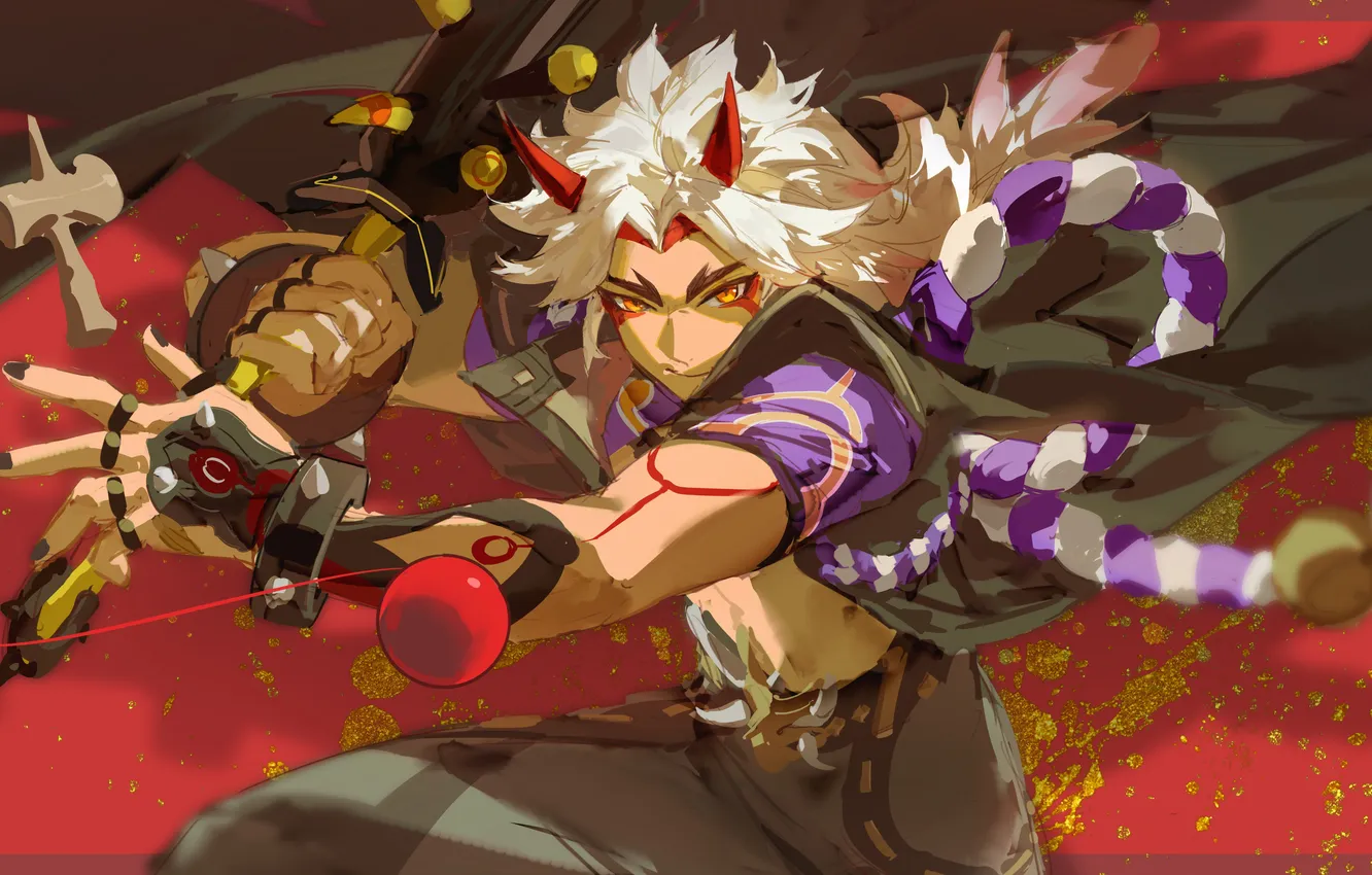 Photo wallpaper horns, guy, Mace, Genshin Impact, Arataki Itto