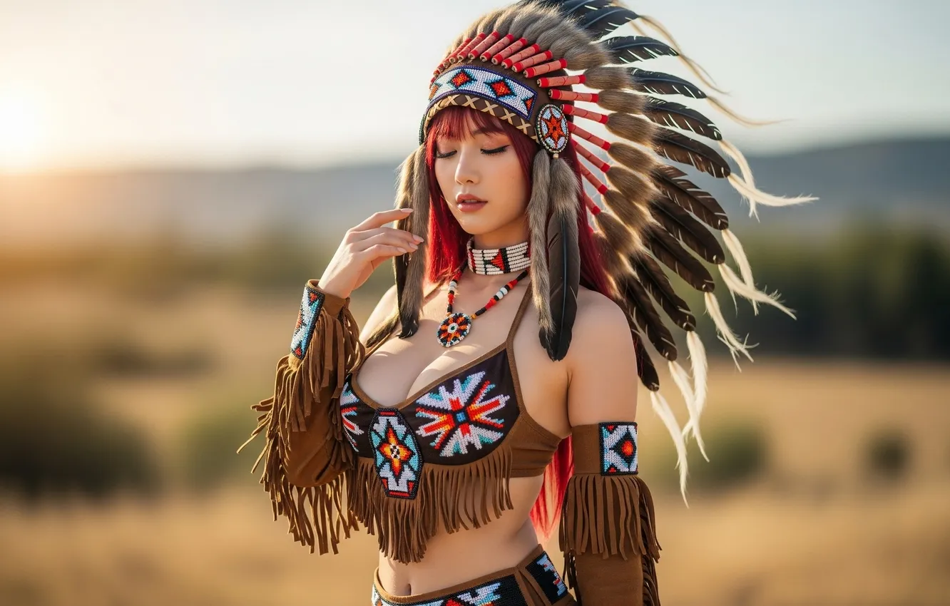 Photo wallpaper cleavage, redhead, asian, outdoors, native americans, AI Art