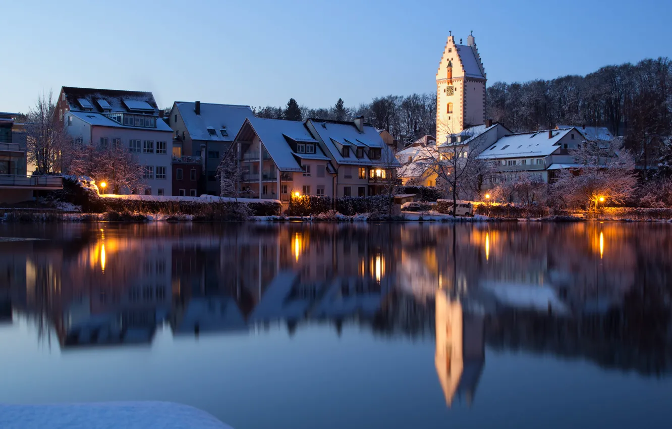 Photo wallpaper winter, lake, reflection, building, tower, home, Germany, Germany