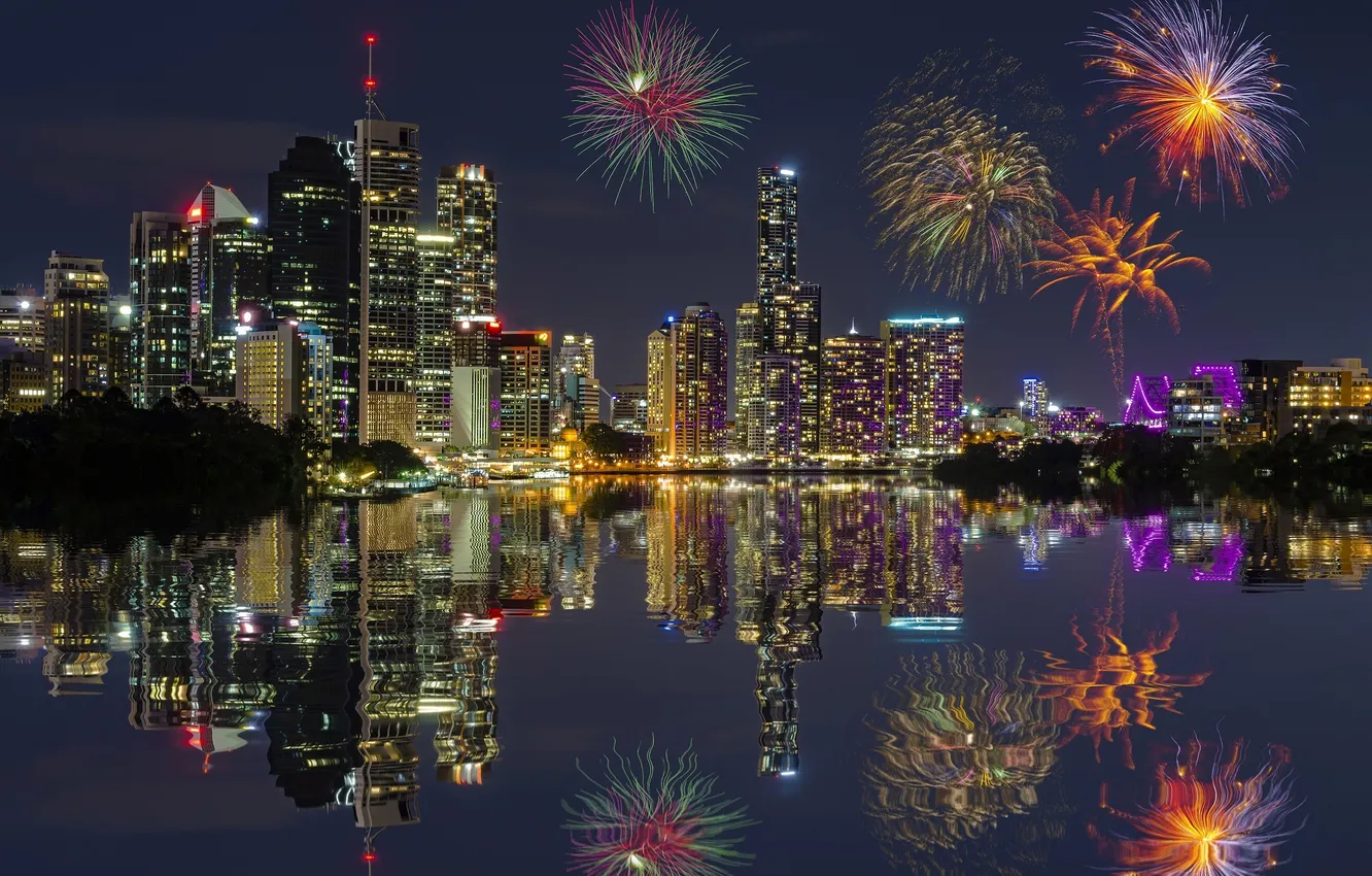 Photo wallpaper night, lights, reflection, home, salute, Australia, fireworks, Brisbane