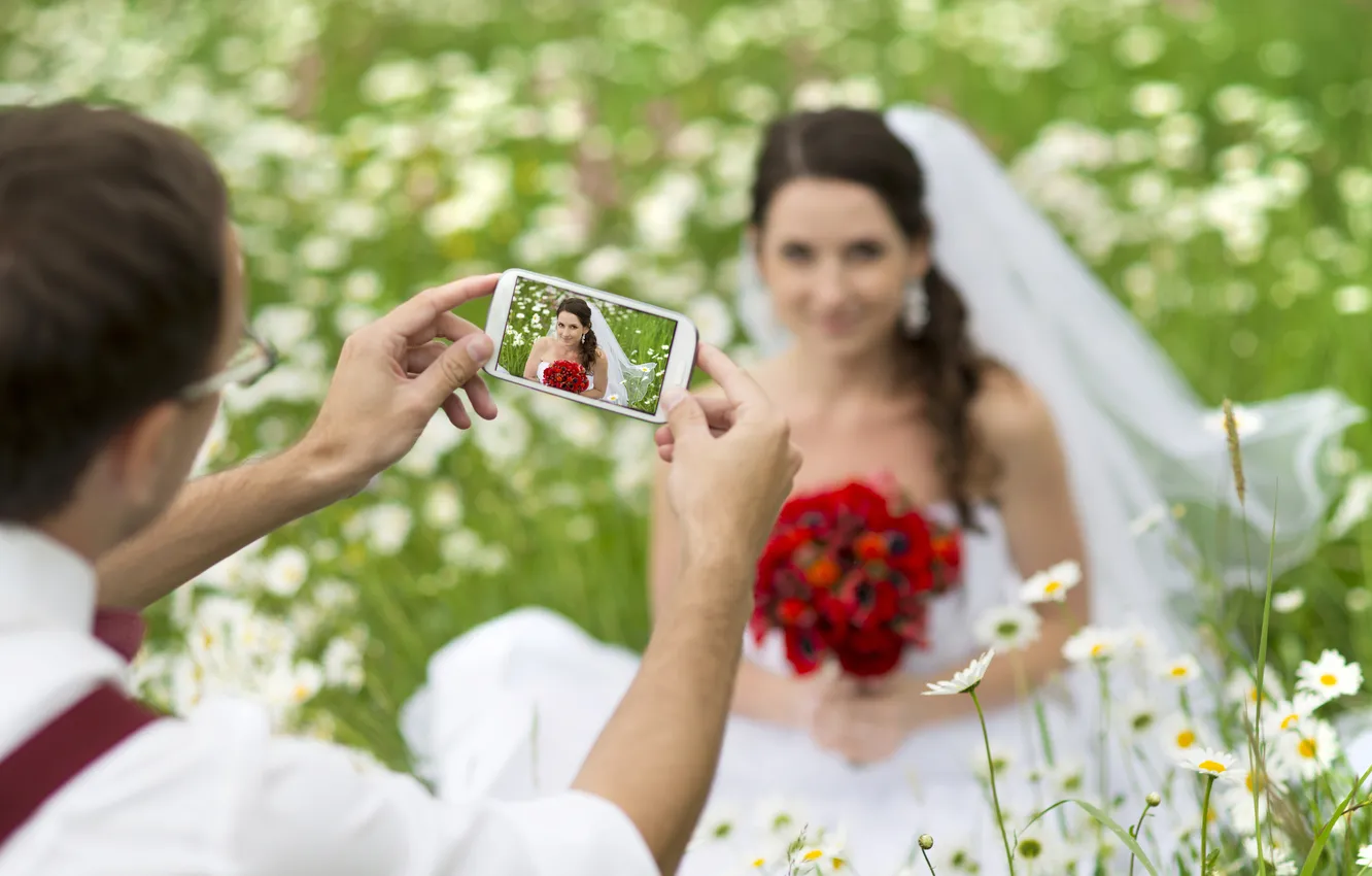 Photo wallpaper grass, flowers, nature, woman, bouquet, the bride, wedding