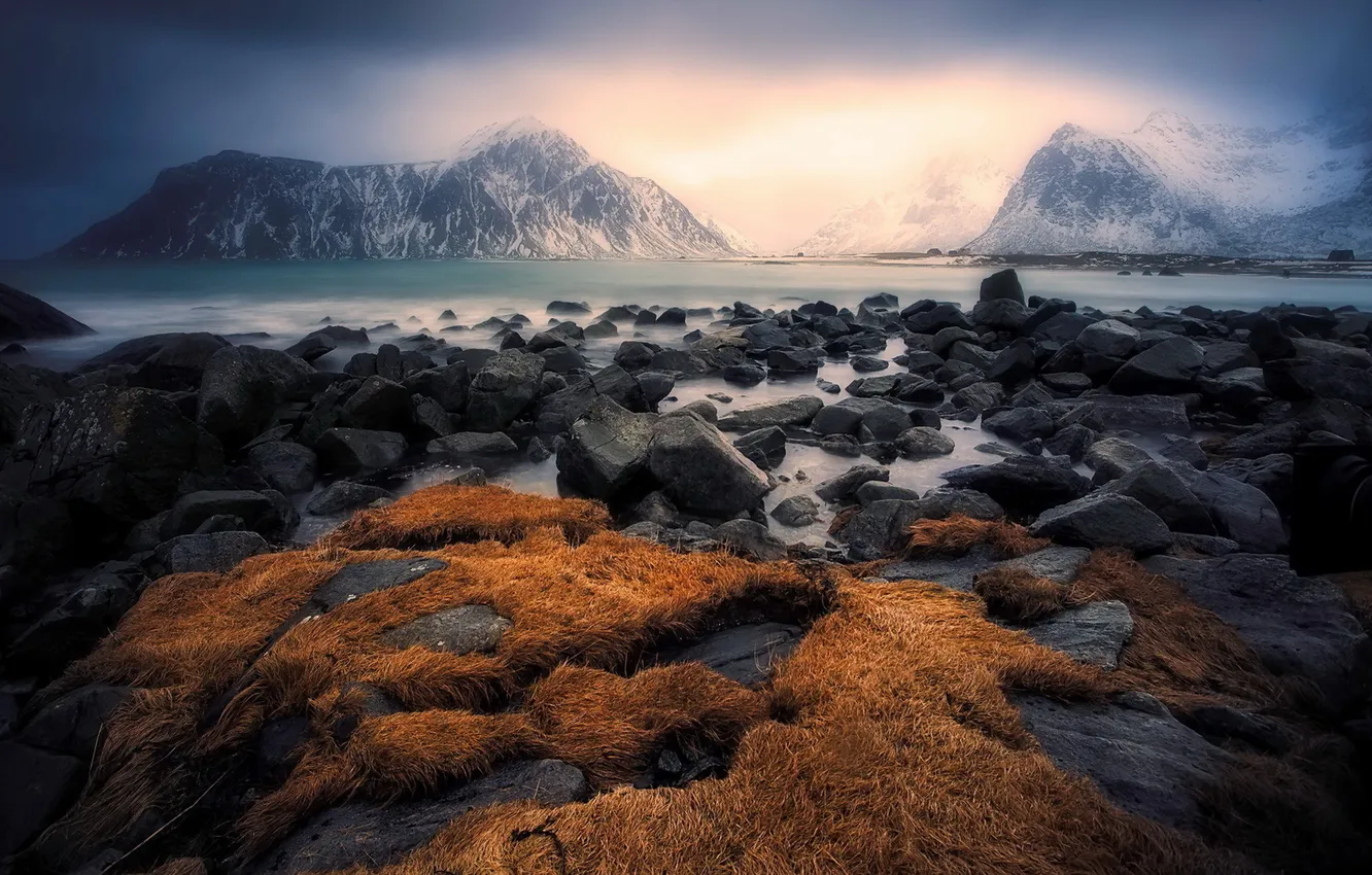 Photo wallpaper mountains, fog, stones