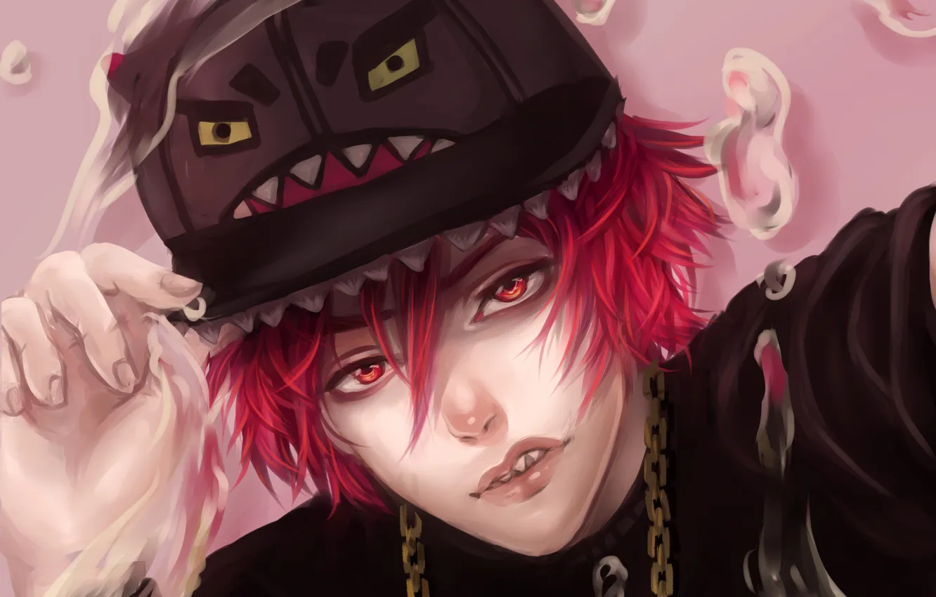 Photo wallpaper cap, Guy, chain, red eyes, red hair