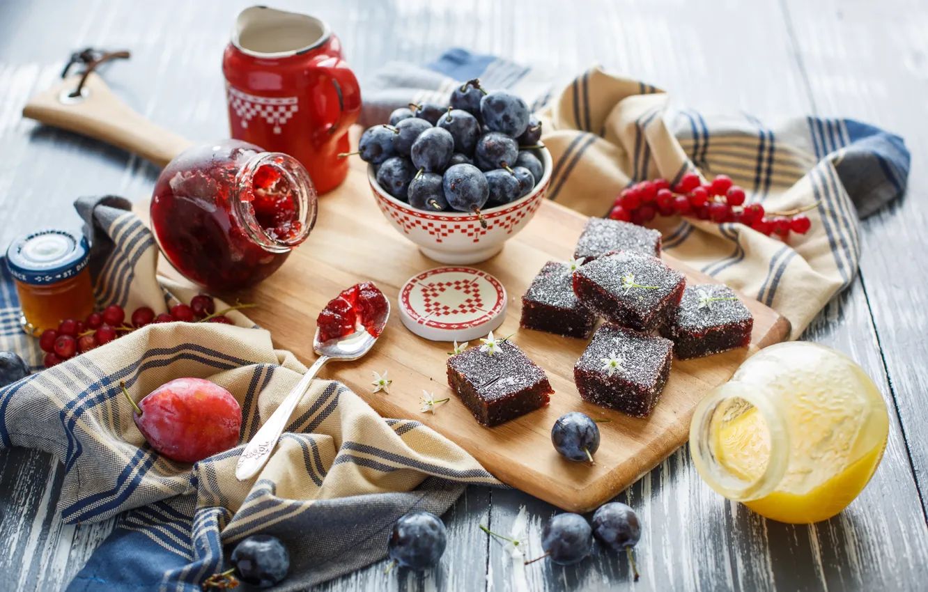 Photo wallpaper still life, plum, jam, marmalade