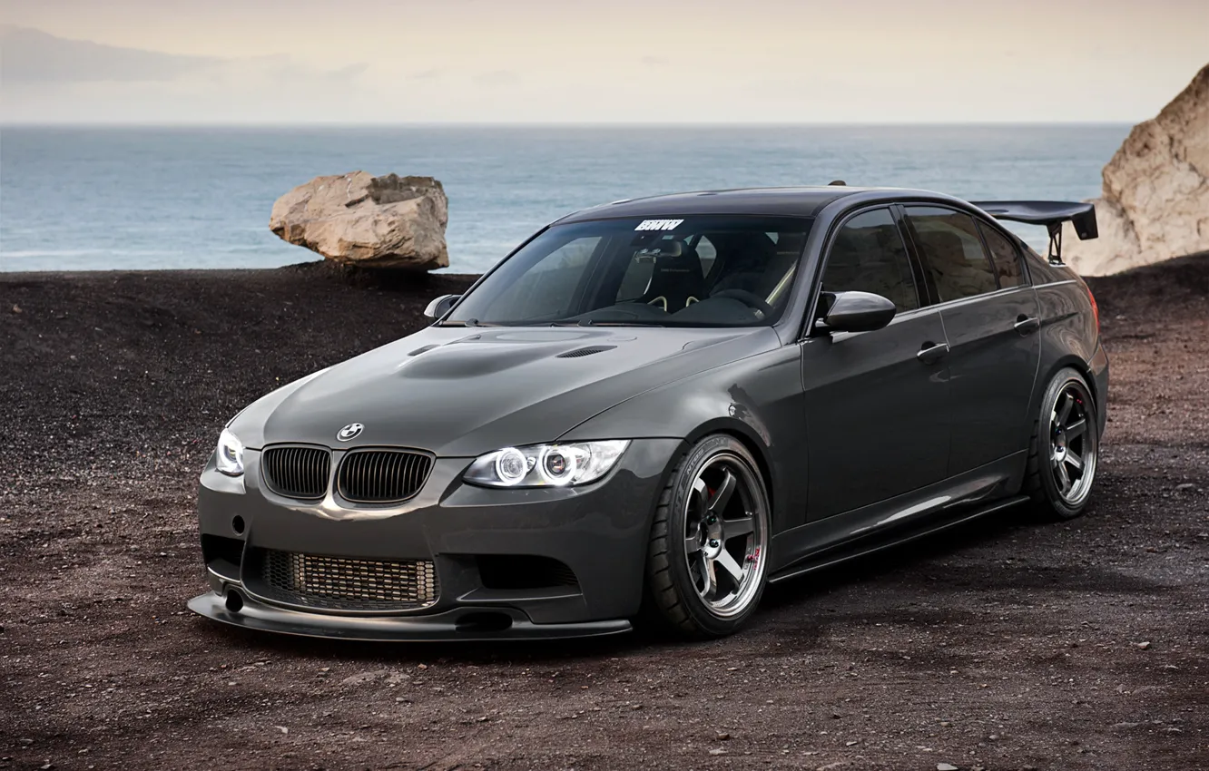 Photo wallpaper sea, BMW, BMW, black, 335i, rock, E90, 3 Series