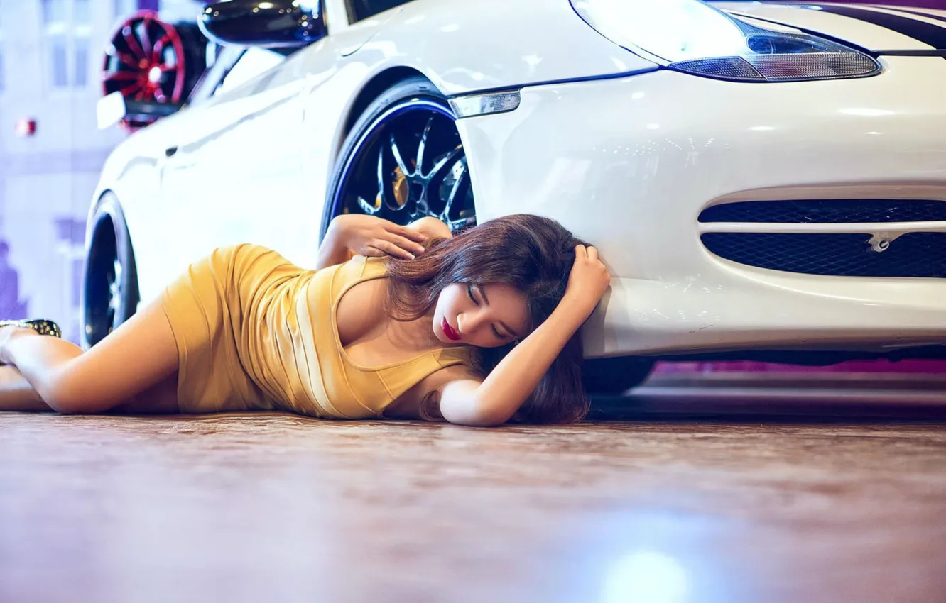 Photo wallpaper Girls, Porsche, Asian, beautiful girl, white car, posing on the car