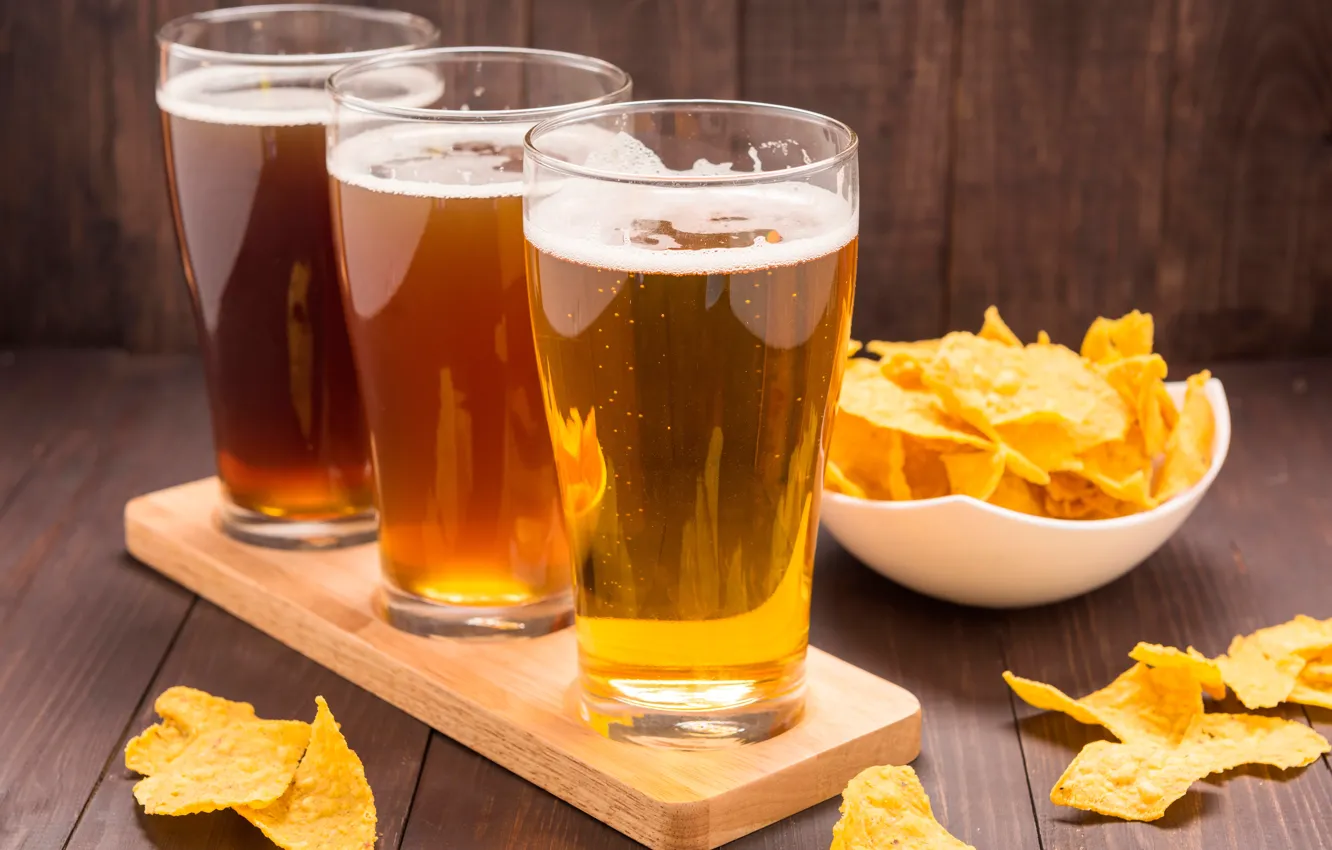 Photo wallpaper glass, Board, beer, Cup, three, chips