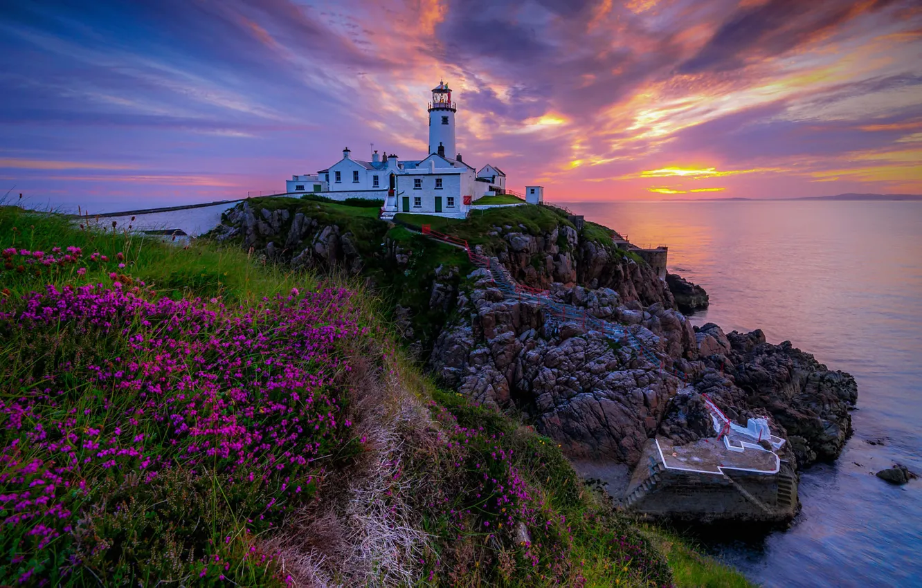 Photo wallpaper sea, landscape, rocks, dawn, lighthouse, morning, Ireland, Donegal
