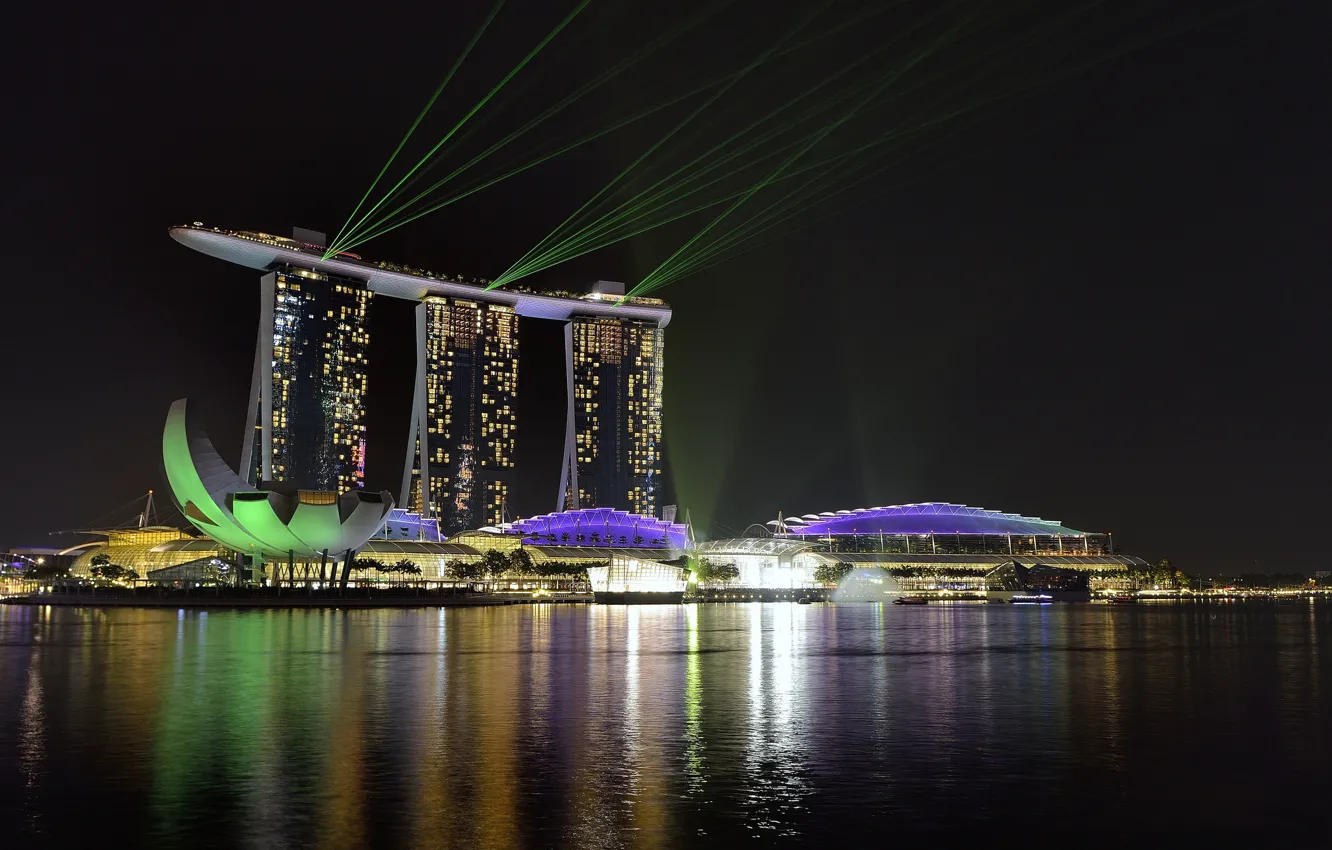 Photo wallpaper Lights, The city, Rays, Skyscraper, Singapore, Night Landscape