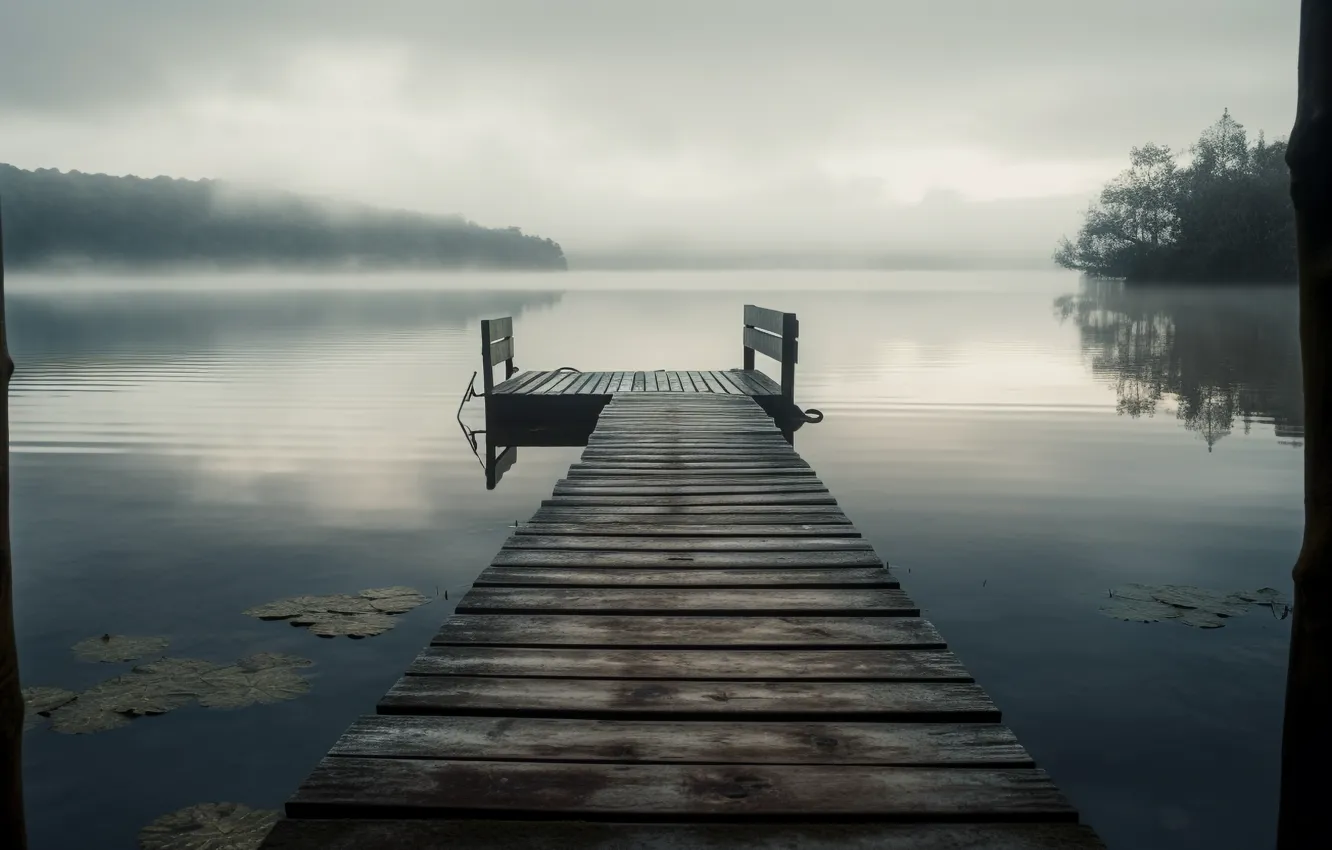 Photo wallpaper forest, landscape, nature, fog, lake, overcast, shore, morning