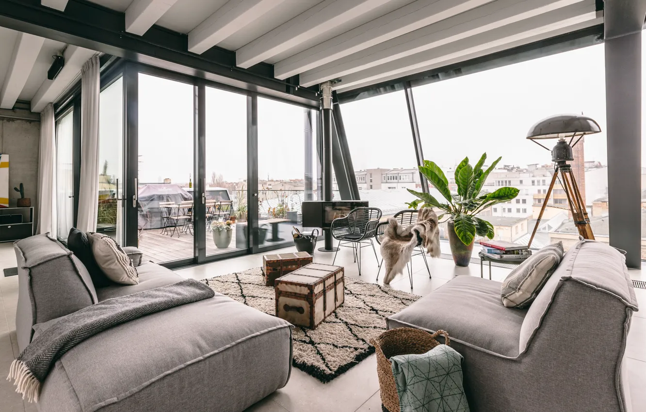 Photo wallpaper interior, balcony, fireplace, living room, Penthouse in Berlin