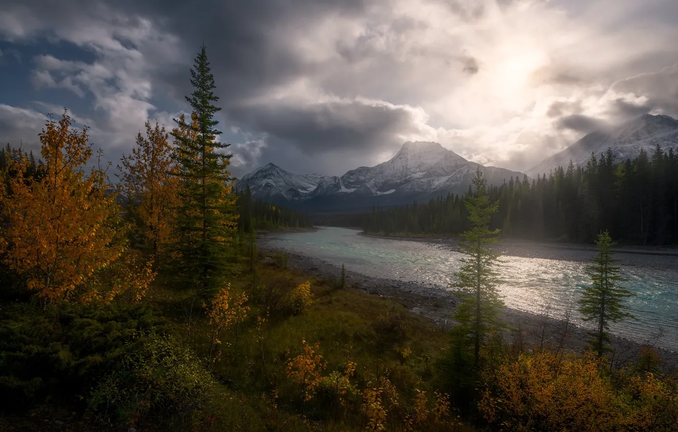 Photo wallpaper autumn, landscape, mountains, clouds, nature, river, vegetation, Canada