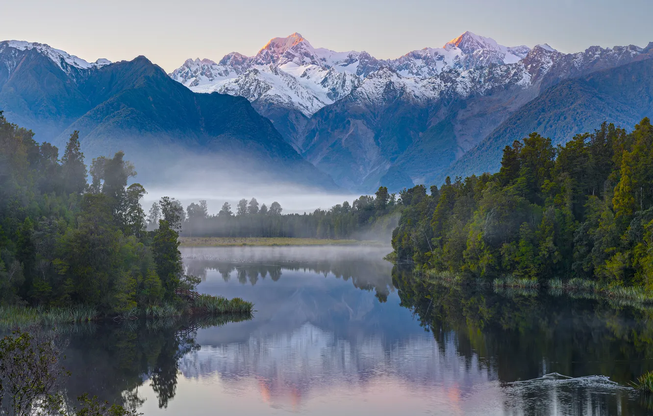 Photo wallpaper lake, New Zealand, mountains, John Leathwick, Lake Matheson, fog, forest