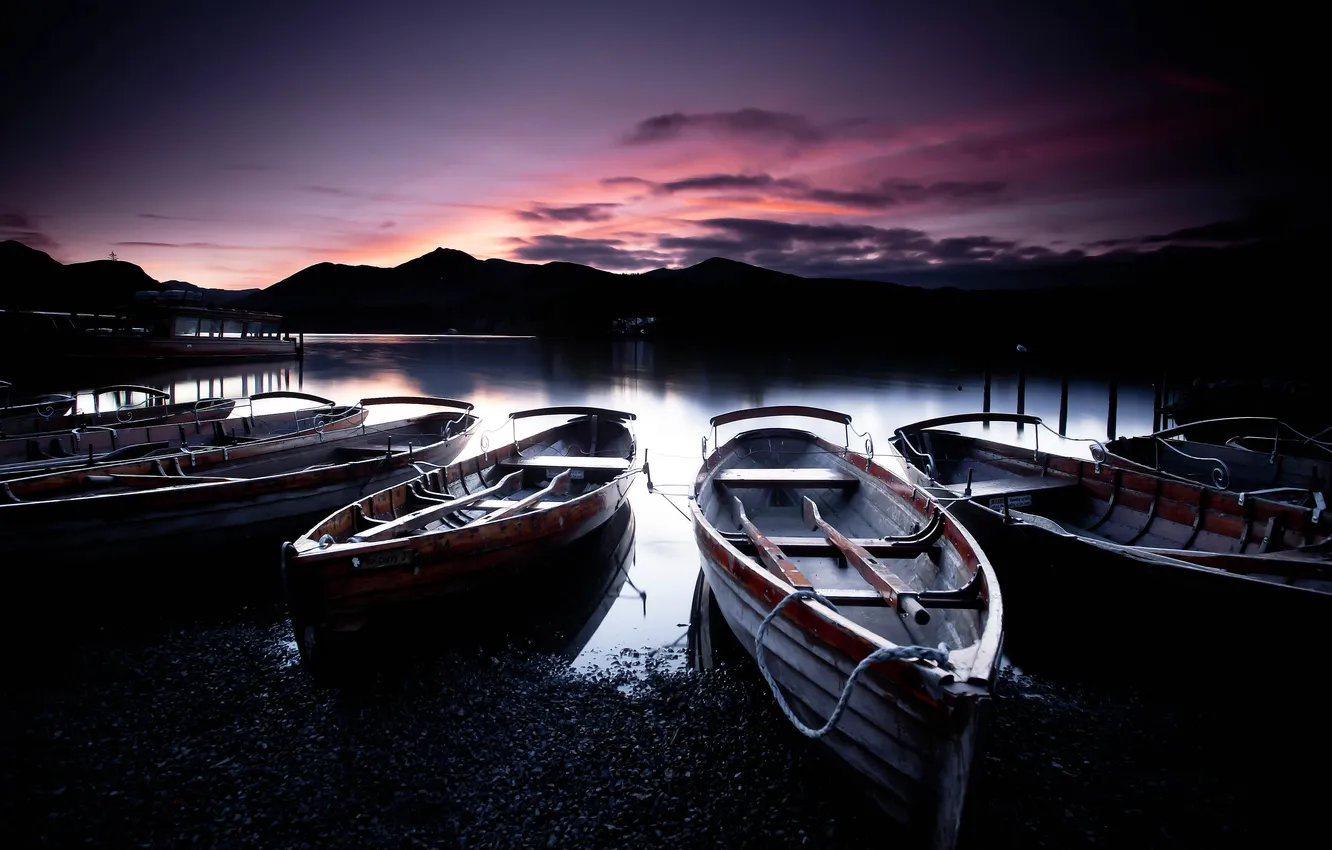 Photo wallpaper sunset, mountains, darkness, shore, boat, twilight, pond