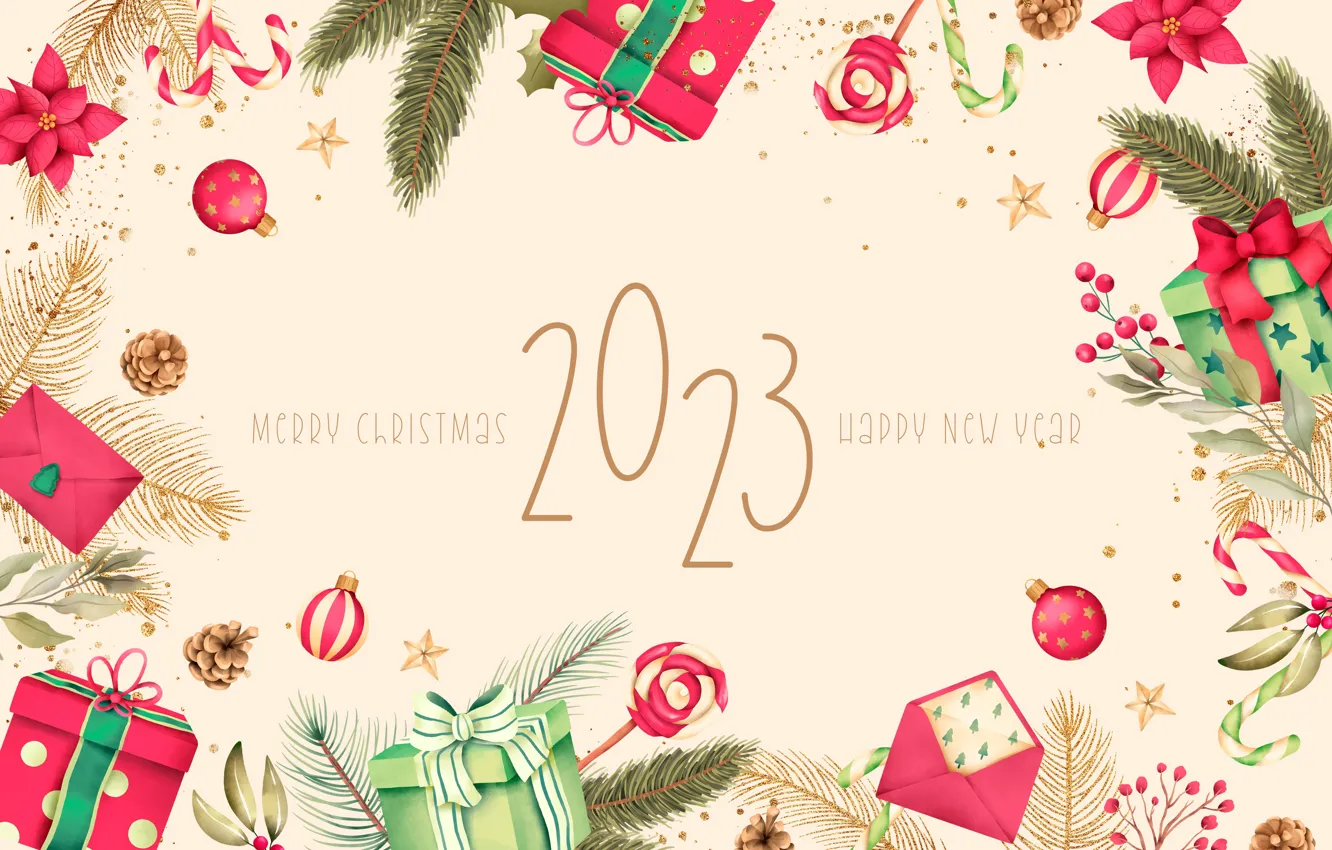 Photo wallpaper balls, flowers, branches, box, gift, the inscription, figure, new year